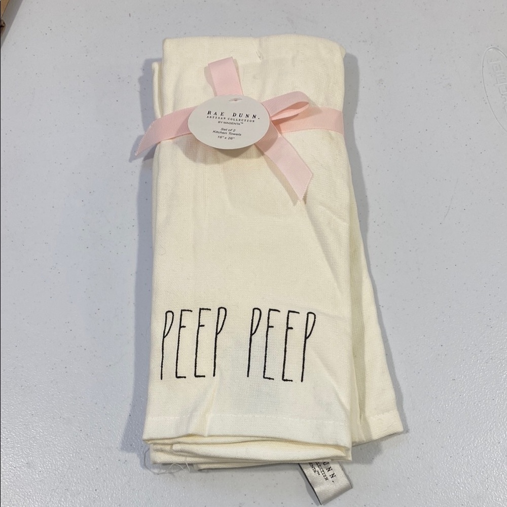 NWT Rae Dunn Peep Peep Kitchen Towels - Cream and Pink Easter Set of 2